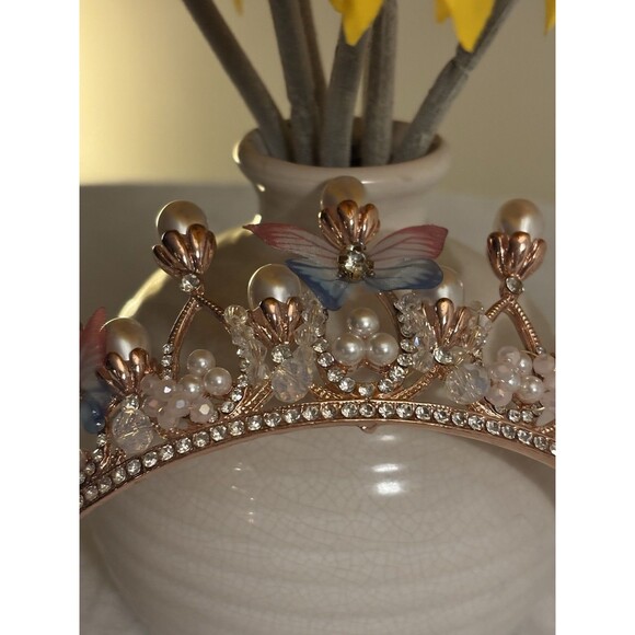 Girl’s Tiara Butterfly Princess Crown Gold Pearl Headband Rhinestone Hairpiece - Picture 3 of 8